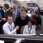 Steve Myers, CERN Director of Accelerators and Technology, congratulates the LHC operators after the first high-energy collisions in the LHC.