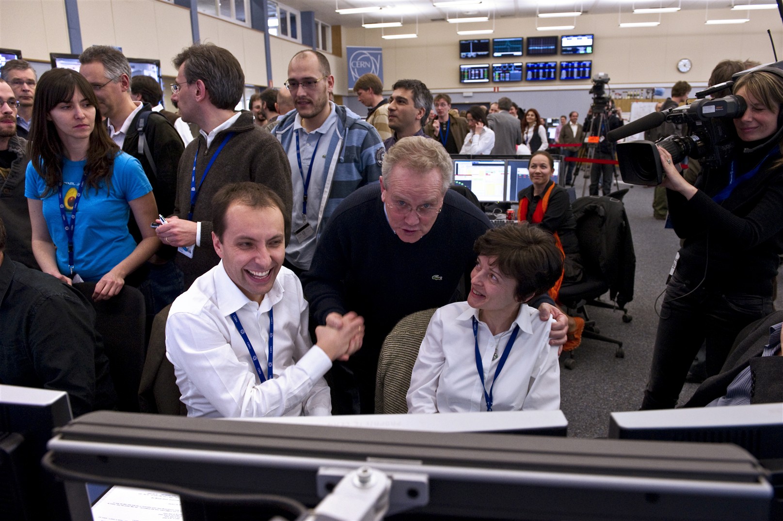 Steve Myers, CERN Director of Accelerators and Technology, congratulates the LHC operators after the first high-energy collisions in the LHC.