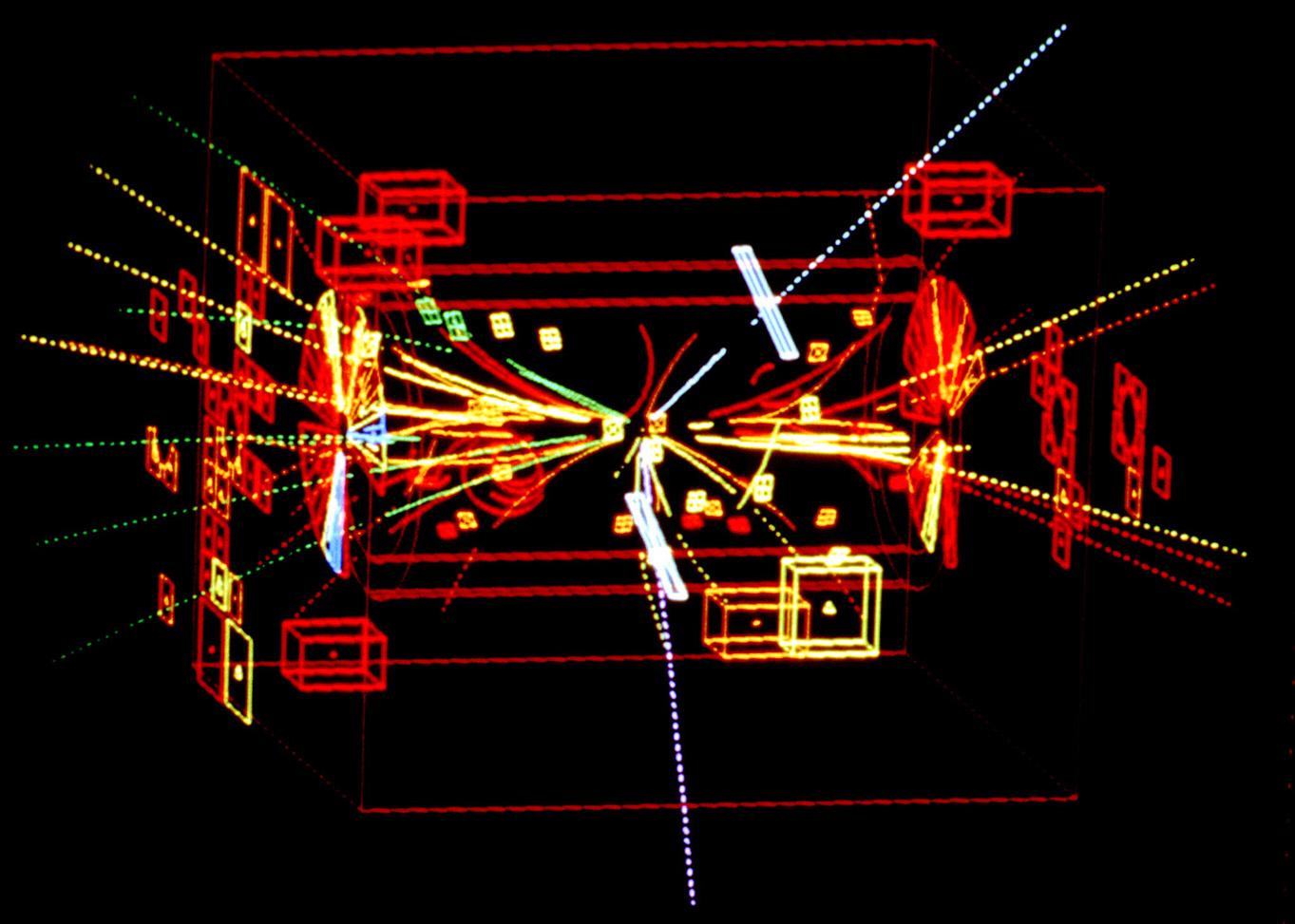 This collision recorded by the UA1 experiment on 30 April 1983 is the first detection of a Z0 particle. (Image : CERN)