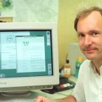 Tim Berners-Lee, the web’s inventor, in front of a computer displaying some of the first web pages in 1994.