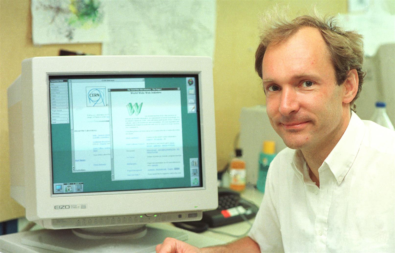 Tim Berners-Lee, the web’s inventor, in front of a computer displaying some of the first web pages in 1994.