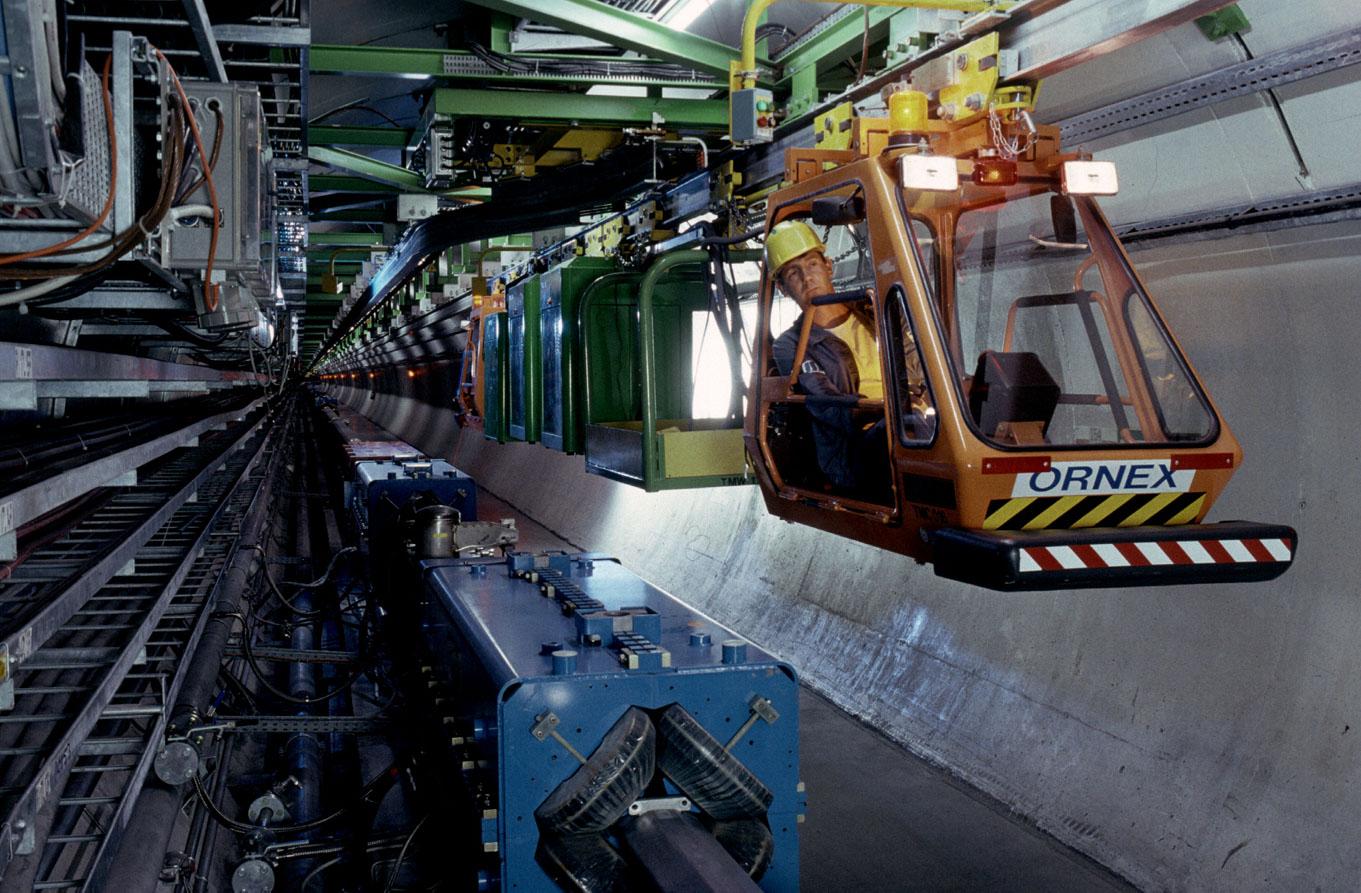View of the Large Electron Positron Collider with its monorail, the little electric train that allowed the technical teams to move around the machine.